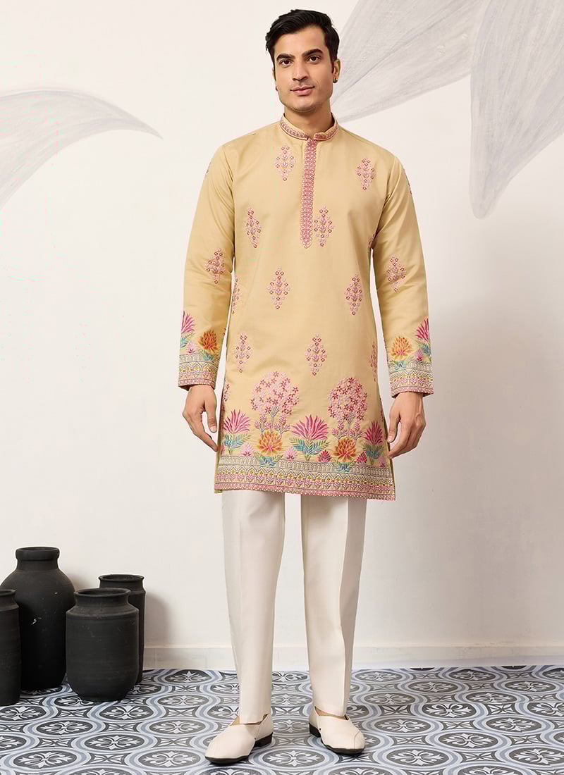 Cheerful Yellow Viscose Silk Embroidered Sequins Thread Kurta