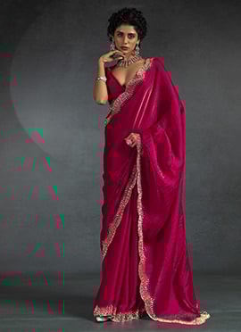 Cherry Pink Satin Silk Stones Work Saree