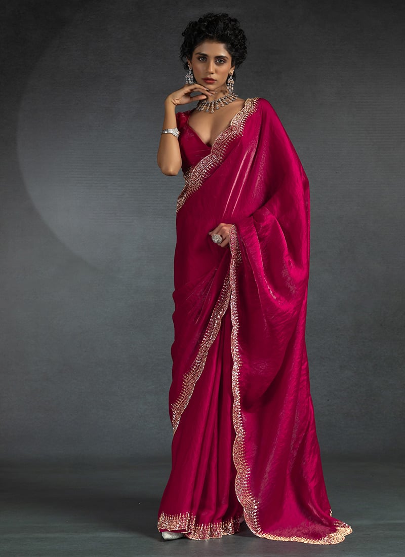 Cherry Pink Satin Silk Stones Work Saree Festive Wear