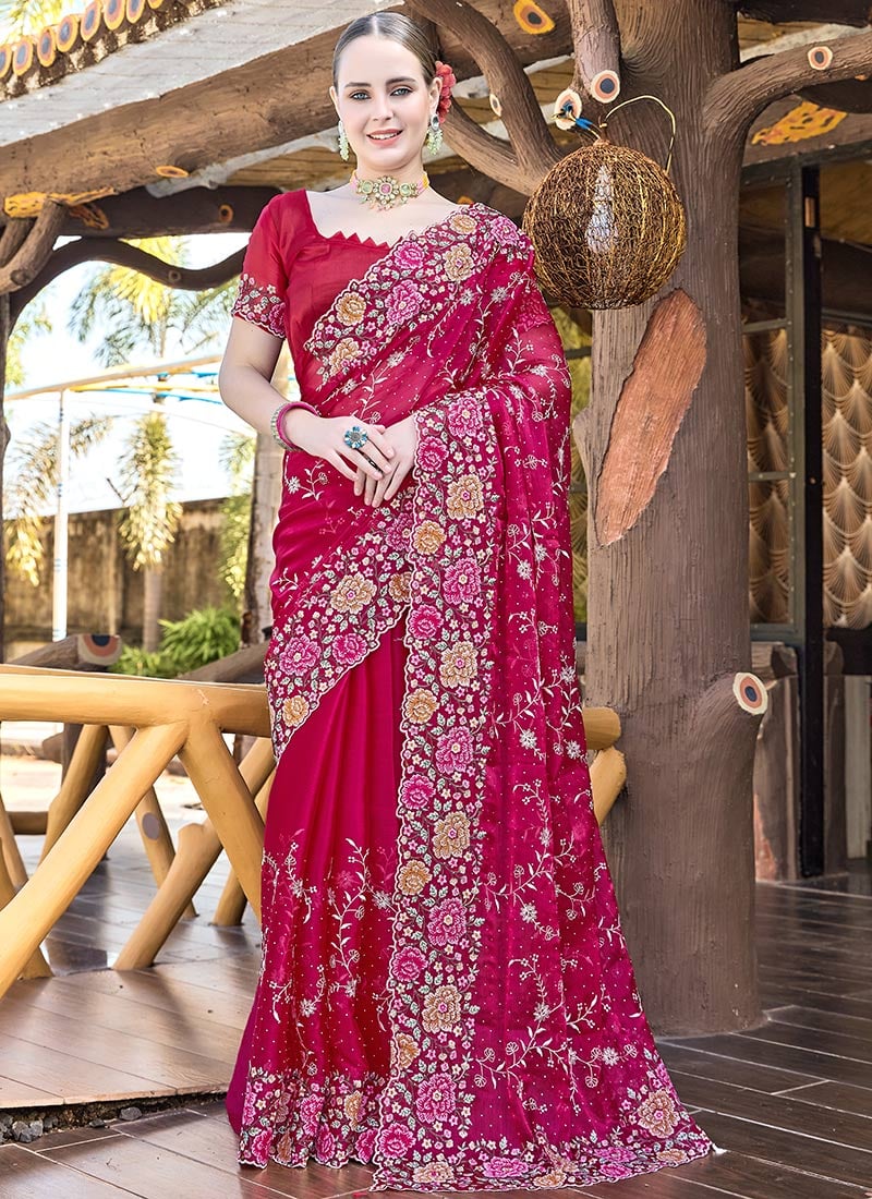 Cherry Red Organza Floral Embroidered Sequins Stone Embossed Saree  Festive Wear