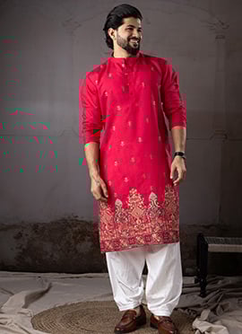 Cherry Red Rayon Embroidered Kurta Pyjama For Men