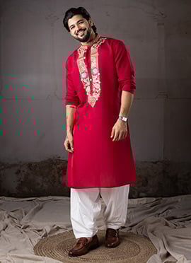 Cherry Red Silk Embroidered Classy Kurta Pyjama For Men