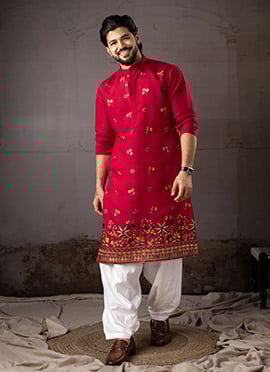 Cherry Red Silk Embroidered Kurta Pyjama For Men