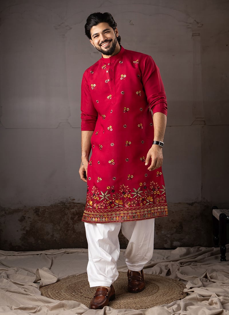 Cherry Red Silk Embroidered Kurta Pyjama For Men Festive Wear