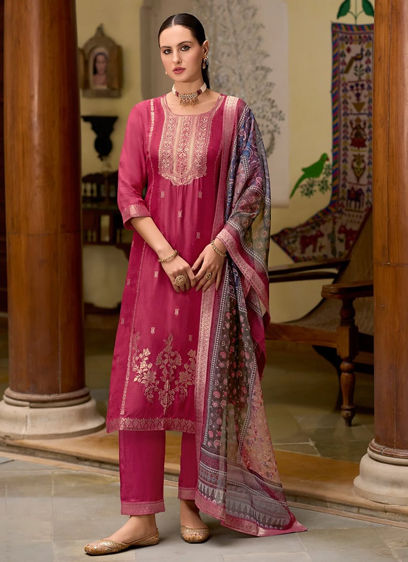 Cherry Red Viscose Jacquard Sequins Straight Pant Suit Festive Wear