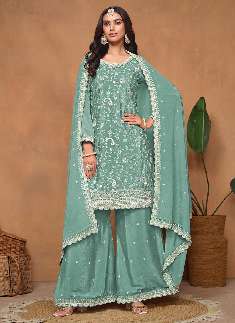 Chic And Graceful Turquoise Embroidered Sequins Palazzo Suit Festive Wear