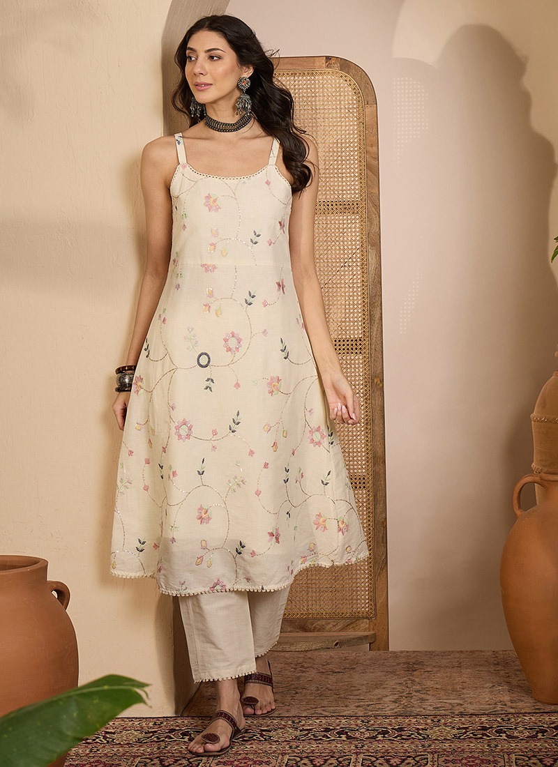 Chic Beige Khadi Silk Embroidered Thread Kurta Straight Pant Set After Six Wear