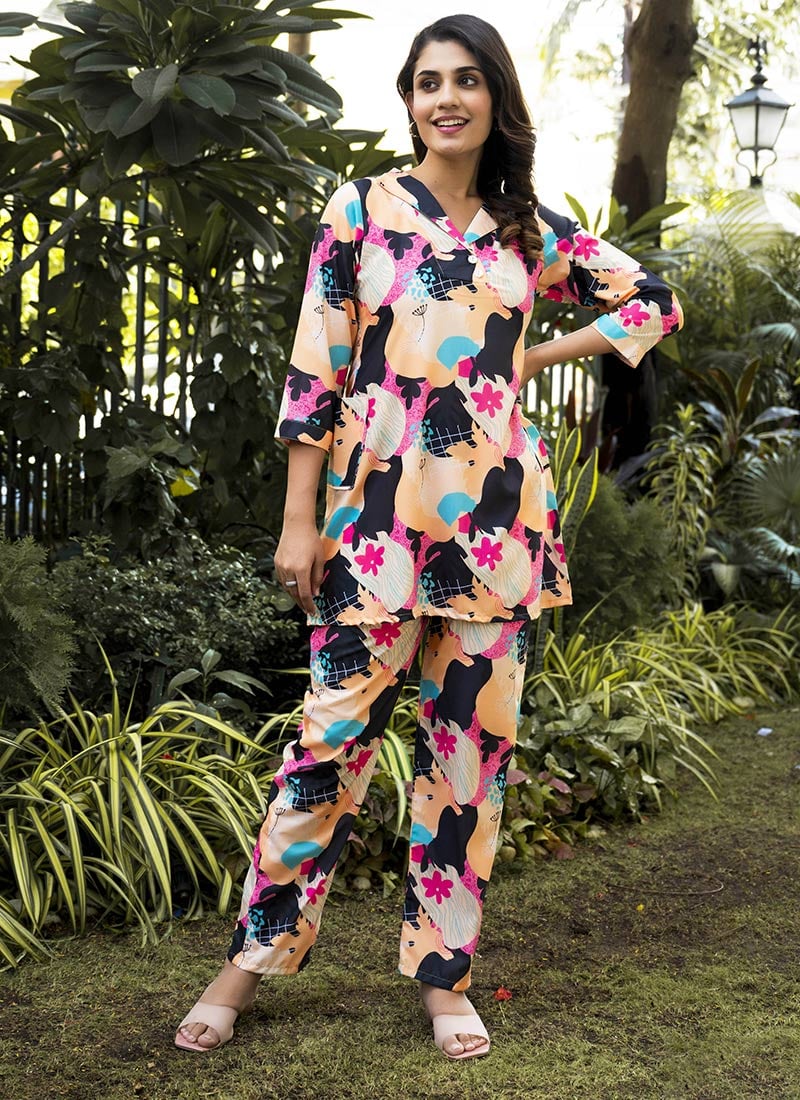 Chic Beige Muslin Cotton Digital Print Indowestern Co ord Set After Six Wear