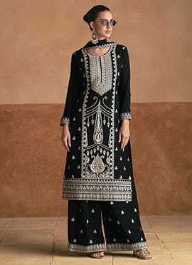 Chic Black Chinon Embroidered Pakistani Palazzo Suit