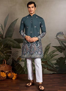 Chic Black Cotton Embroidered Sequins Thread Kurta