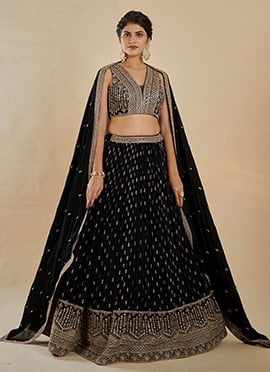 Chic Black Faux Georgette Sequins Embroidered Umbrella Lehenga