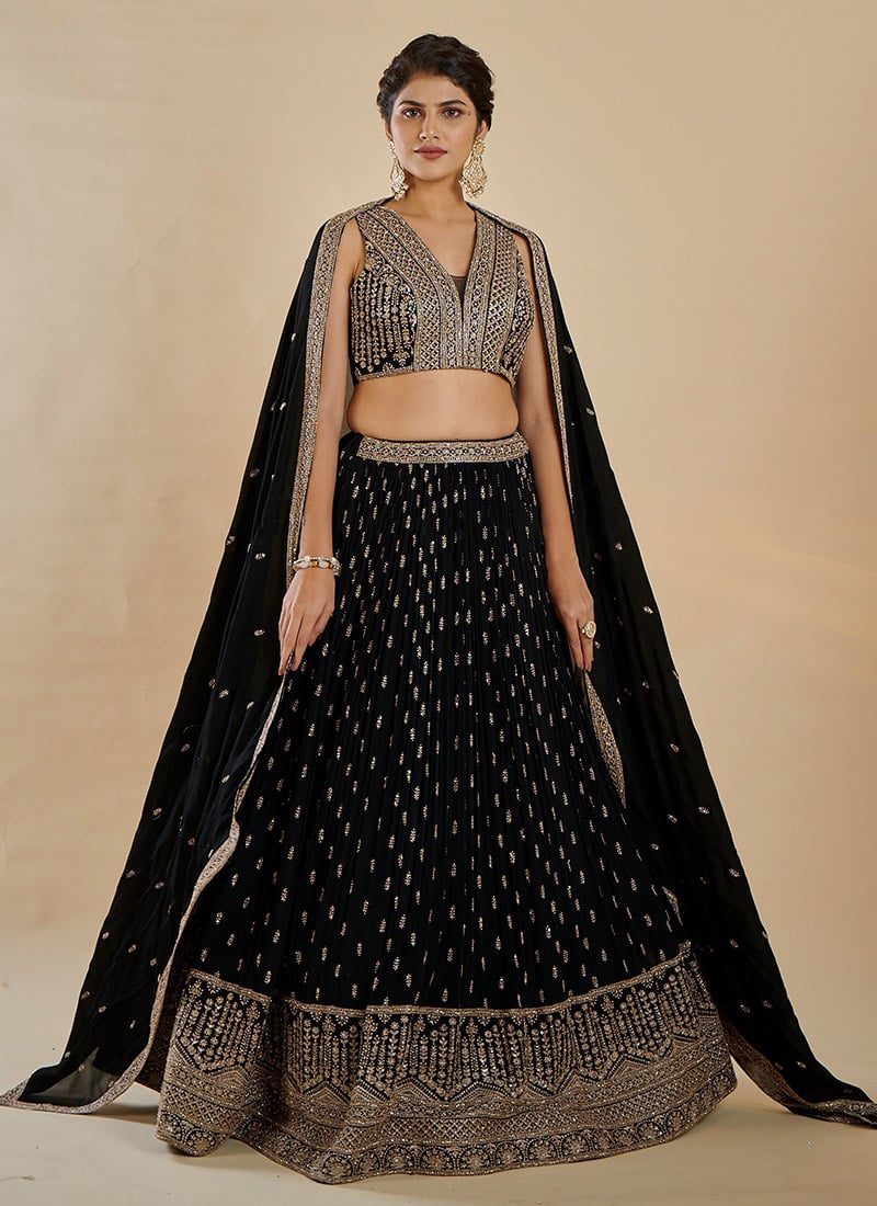 Chic Black Faux Georgette Sequins Embroidered Umbrella Lehenga Wedding Wear