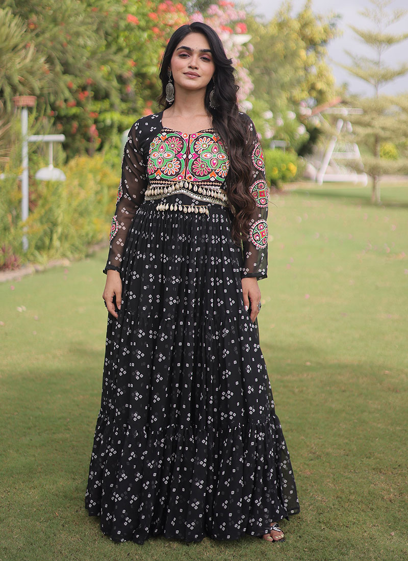 Chic Black Georgette Printed Gamthi Work Navratri Gown Festive Wear