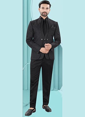 Chic Black Jacquard Bandhgala Suit