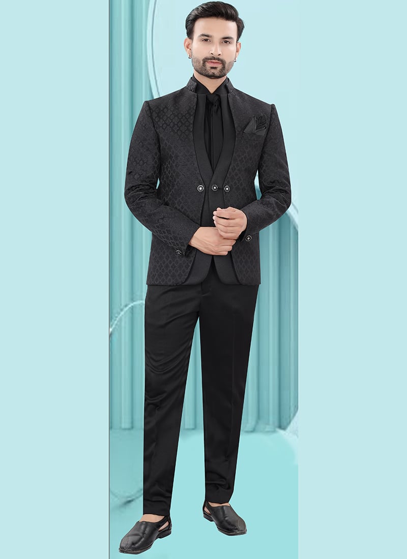 Chic Black Jacquard Bandhgala Suit Wedding Wear