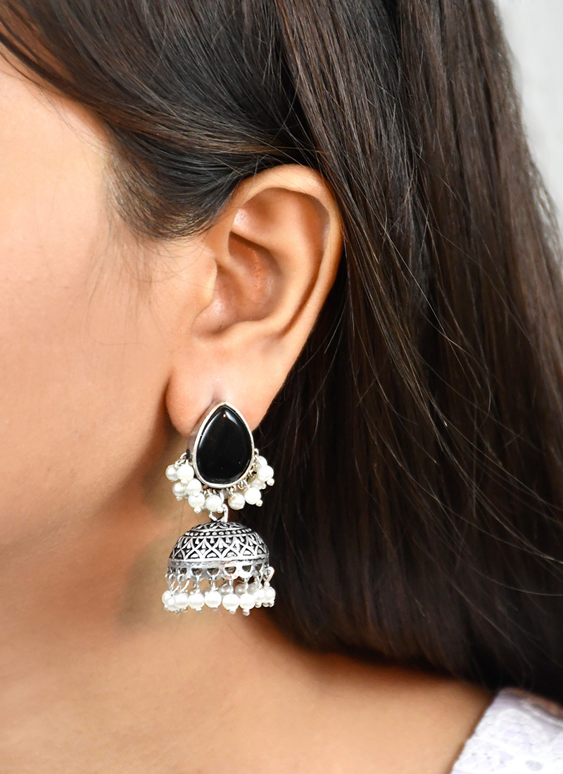 Chic Black Kundan Beads Oxidised Jhumka Festive Wear