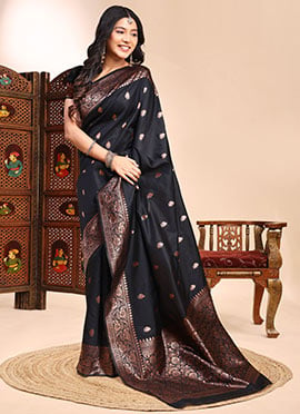 Chic Black Silk Jacquard Zari Saree