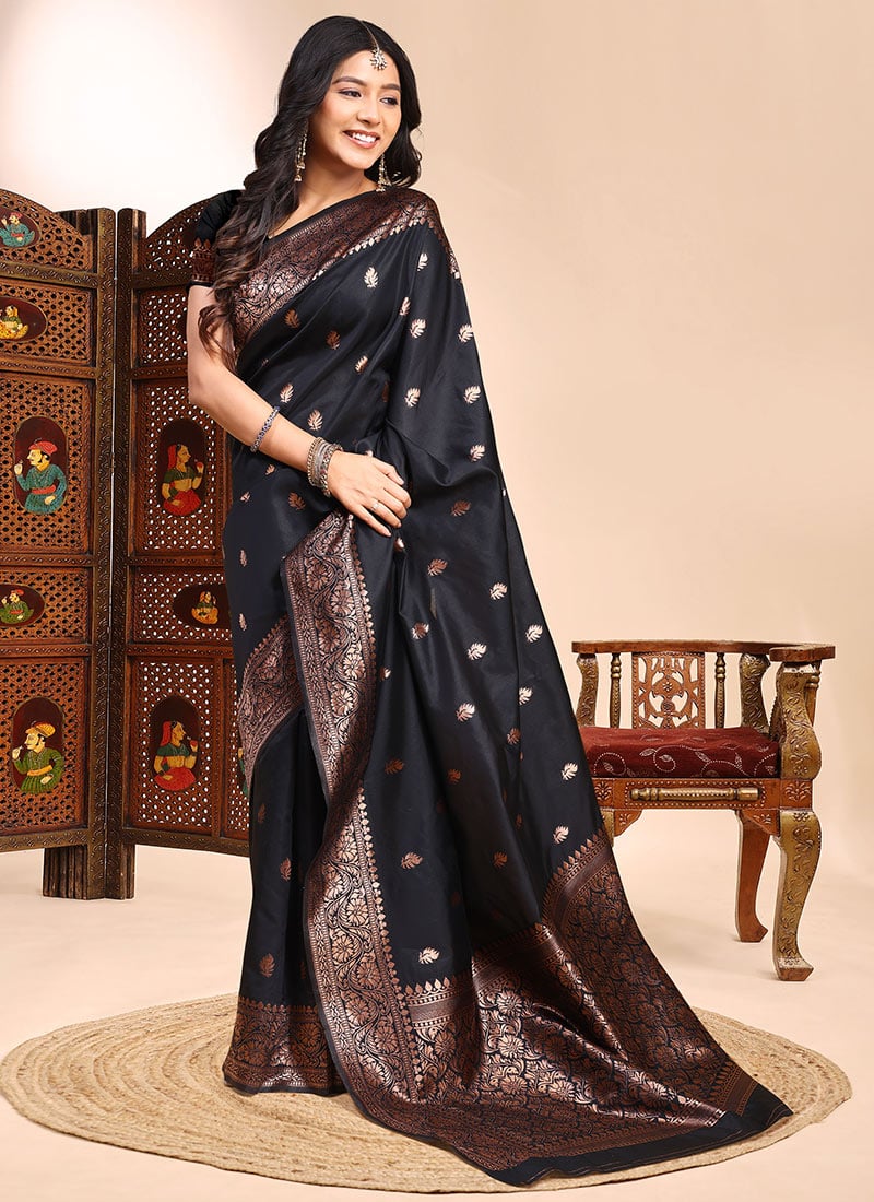 Chic Black Silk Jacquard Zari Saree Festive Wear
