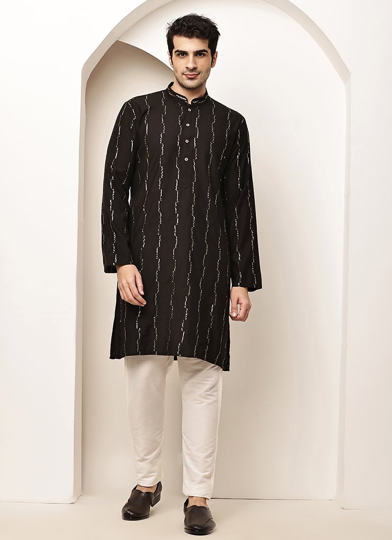 Chic Black Viscose Silk Embroidered Sequins Kurta Pyjama Festive Wear