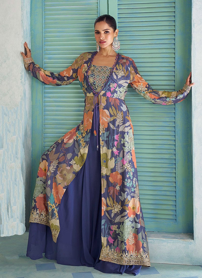 Chic Blue Chinon Embroidered Indowestern Set After Six Wear