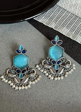 Chic Blue Kundan Beads Oxidised Danglers