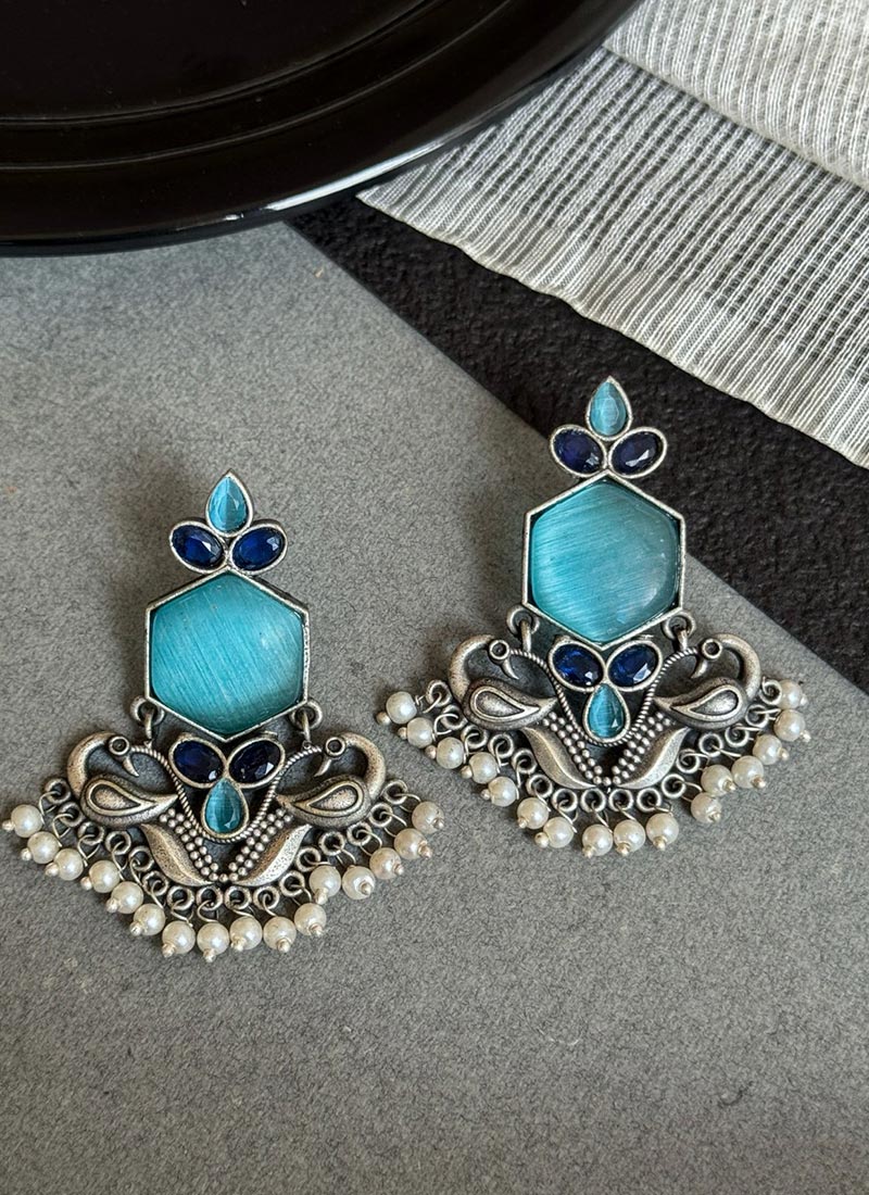 Chic Blue Kundan Beads Oxidised Danglers Festive Wear
