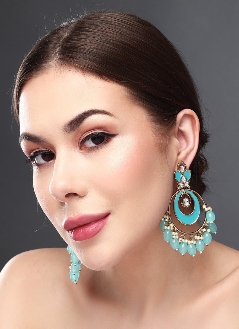 Chic Blue Meenakari Kundan Pearl Hoops After Six Wear
