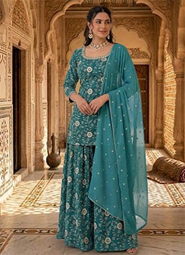 Chic Blue Silk Embroidered Palazzo Suit
