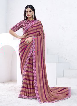 Chic Brown Dual Color Georgette Zari And Stone With Moti Work Saree