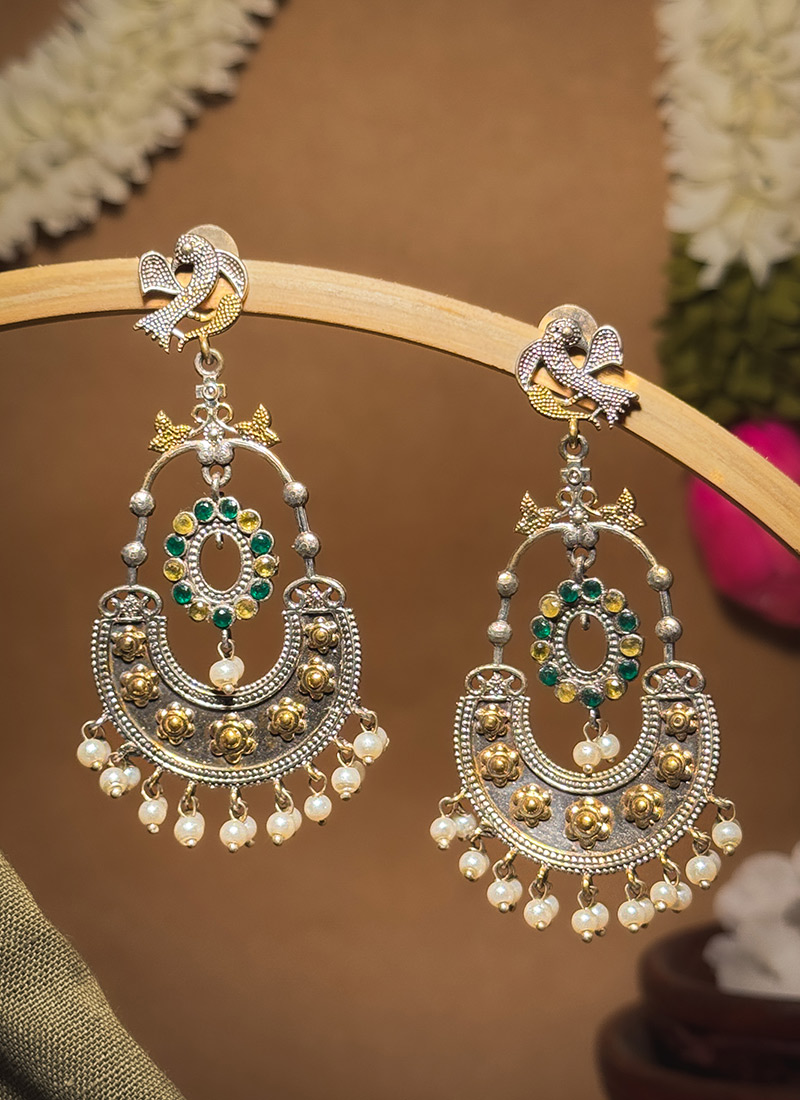 Chic Dark Green Stones Beads Oxidised Chaand Bali Festive Wear