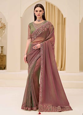 Chic Dual Mauve Georgette Embroidered Sequins Zari Thread Saree