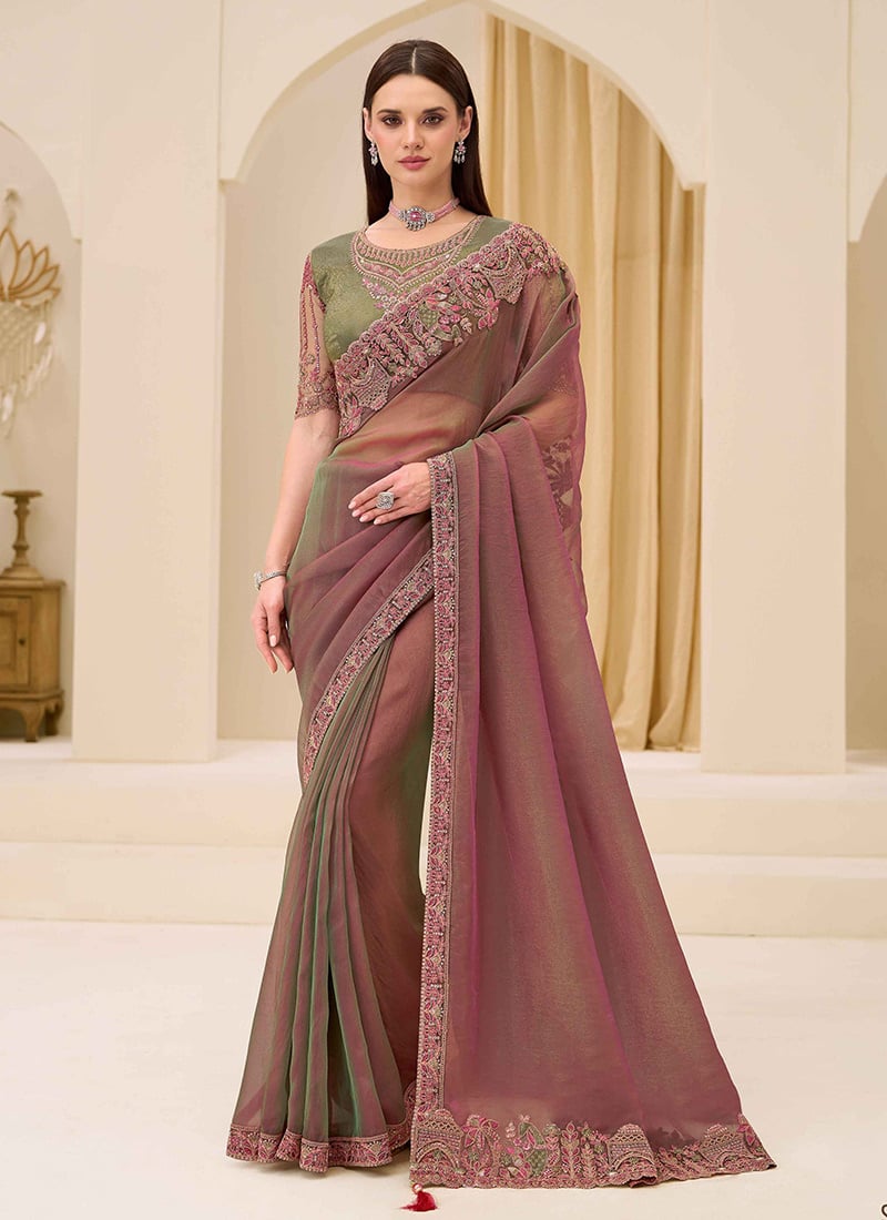Chic Dual Mauve Georgette Embroidered Sequins Zari Thread Saree Wedding Wear
