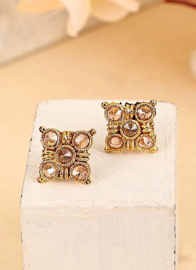 Chic Gold Cubic Zirconia Stone Studded Gold Plated Floral Shape Studs After Six Wear