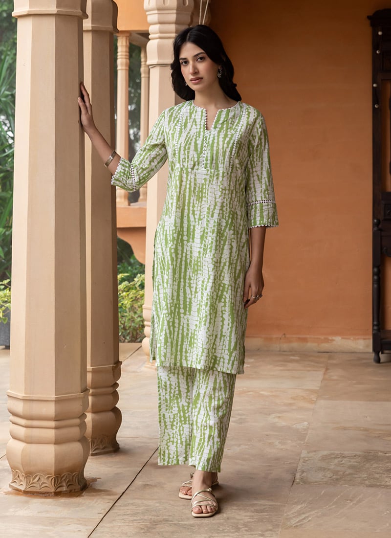 Chic Green Cotton Printed Kurta Straight Pant Set After Six Wear