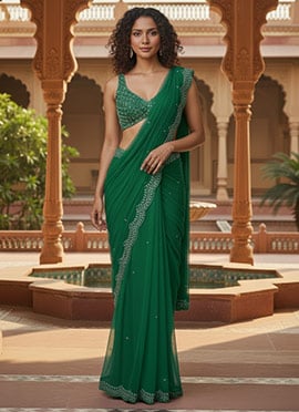 Chic Green Georgette Sequins Cutdana Hand Embroidered Saree
