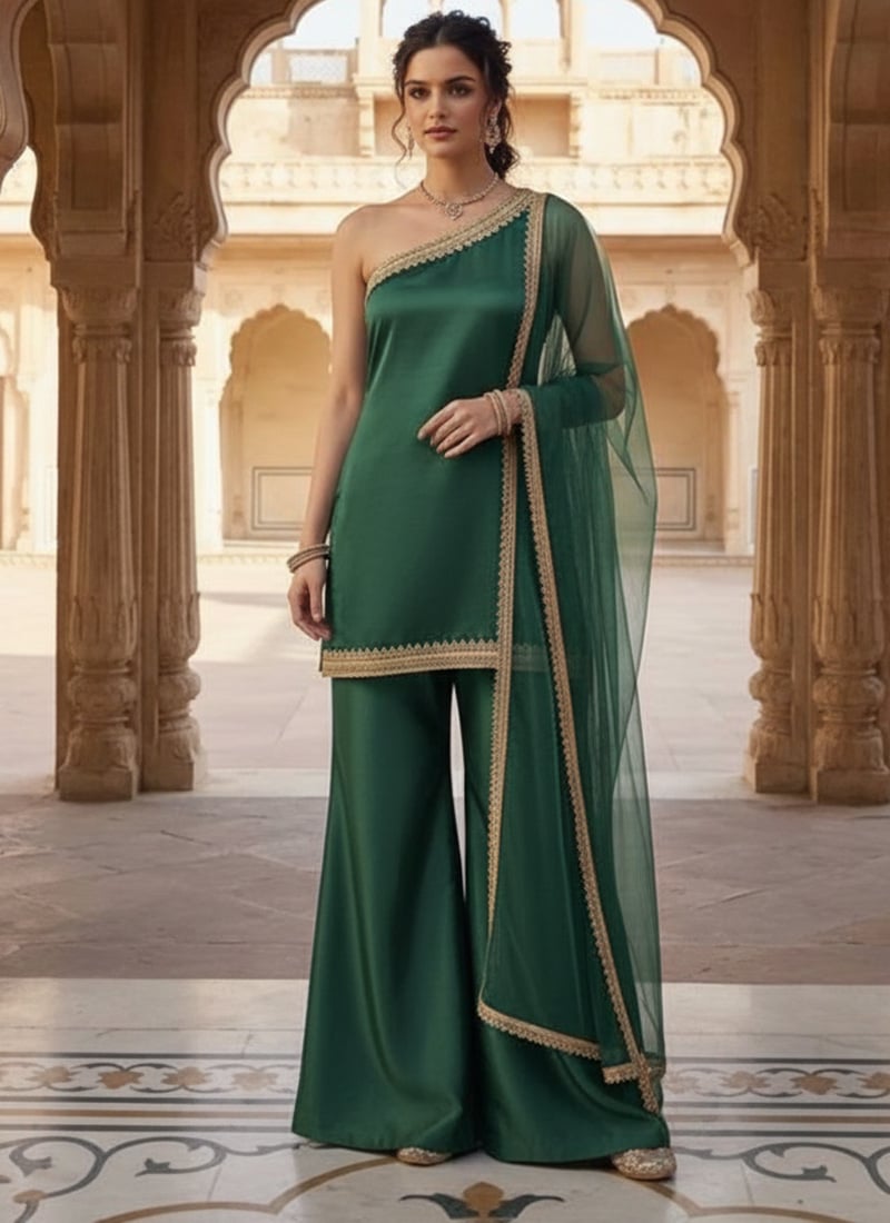 Chic Green Silk Ready Lace Work Palazzo Suit Festive Wear