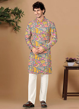 Chic Grey Soft Cotton Sequins Embroidered Printed Kurta Pyjama