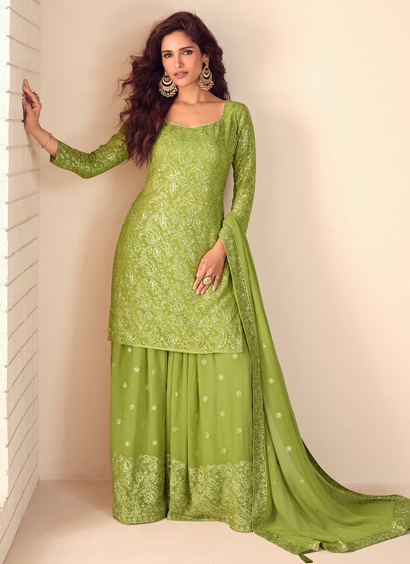 Chic Lime Green Georgette Embroidered Sequins Mirror Work Thread Sharara Suit Festive Wear