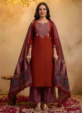 Chic Maroon Cotton Printed Embroidered Palazzo Suit