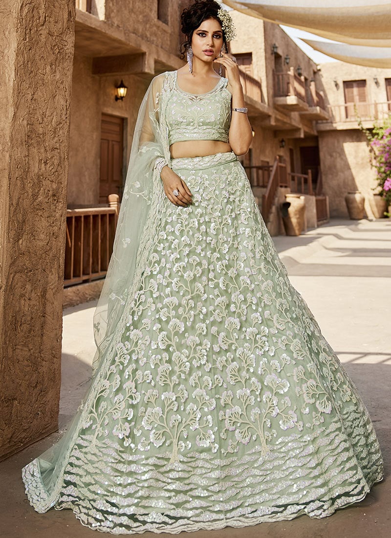 Chic Mint Green Net Embroidered Sequins Lehenga Wedding Wear