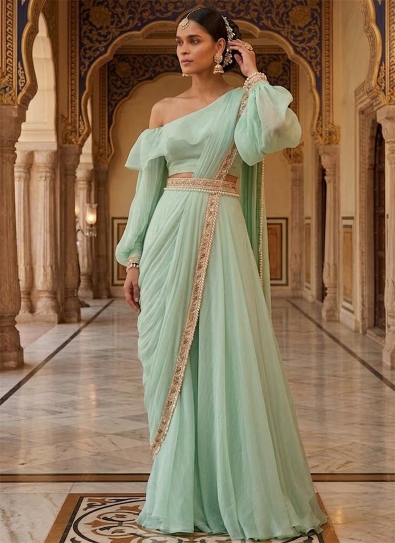 Chic Mint Green Organza Ready Lace Palazzo Style Saree Festive Wear