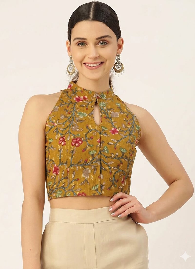 Chic Mustard Cotton Printed Blouse After Six Wear