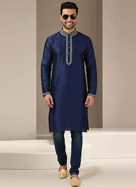 Chic Navy Blue Dupion Silk Embroidered Kurta For Men