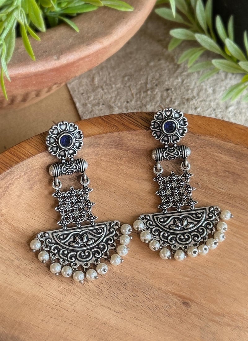 Chic Navy Blue Kundan Oxidised Chandeliers Festive Wear