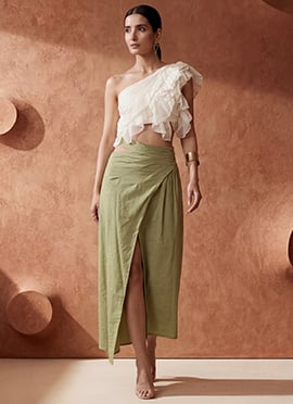 Chic Off White And Olive Green Linen Indowestern Set And Suit