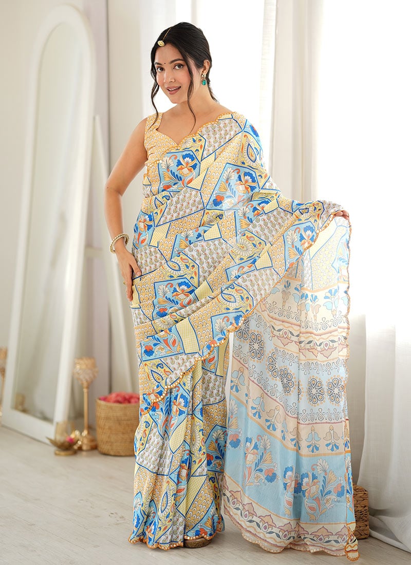 Chic Off White Chinon Mirror Work Printed Saree After Six Wear