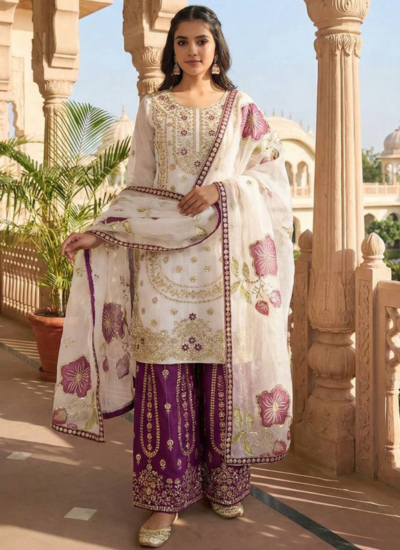 Chic Off White Organza Silk Embroidered Sequins Digital Print Palazzo Suit Festive Wear