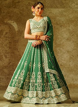 Chic Olive Green Thread Embroidered Sequins Georgette Lehenga Wedding Wear