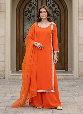 Chic Orange Crepe Beads Lace Work Palazzo Suit