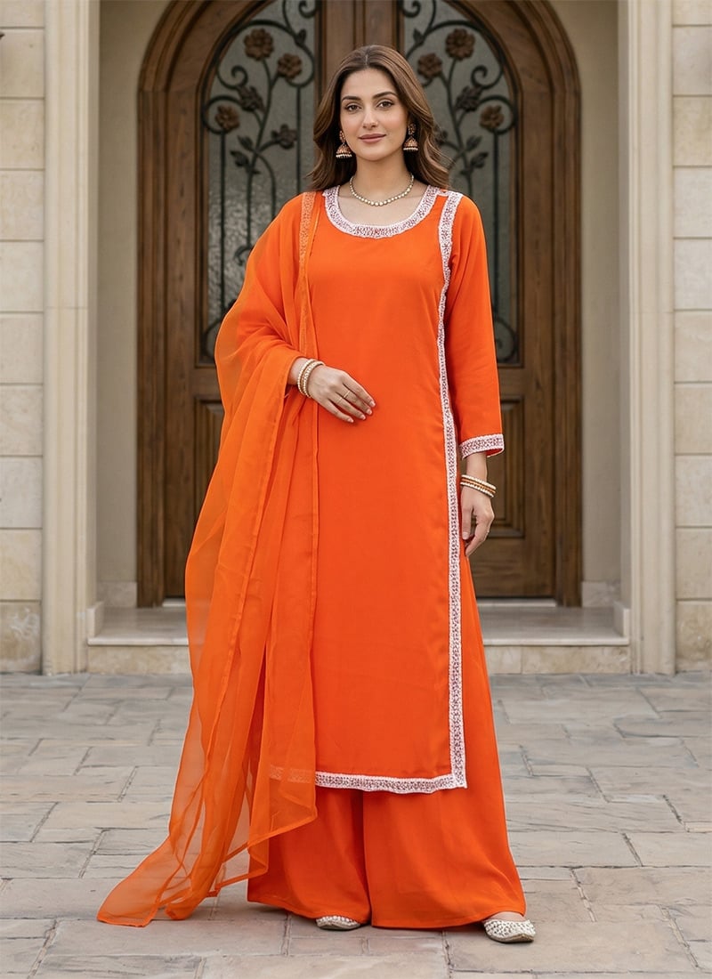 Chic Orange Crepe Beads Lace Work Palazzo Suit Festive Wear
